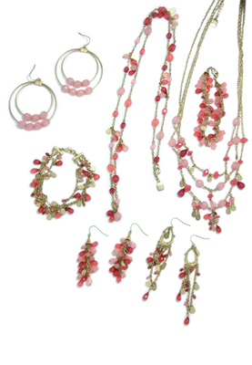 玫瑰石英多排项链、手链和耳环